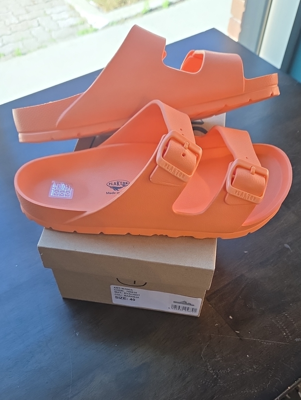 Plakton Size 9 Women's Orange Double-Buckle Slide Sandals NEW In Box
